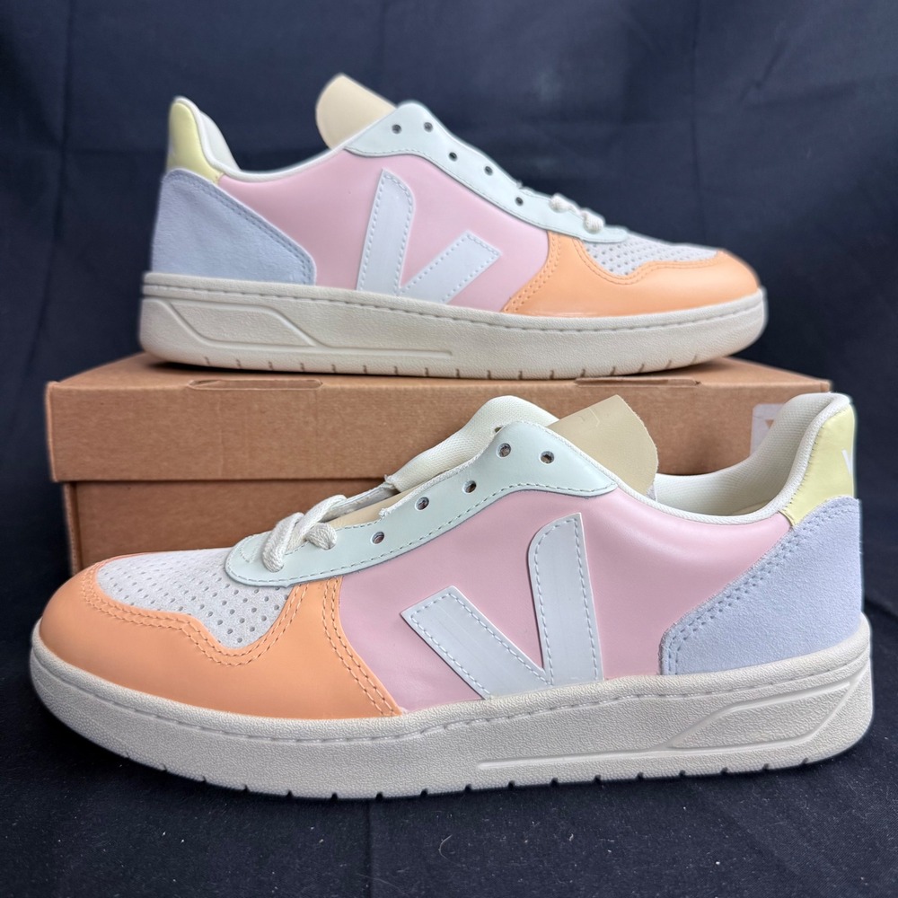 Veja V-10 Leather Sneakers Pink White Multicolor Womens 9 Low Top VX0203199-9